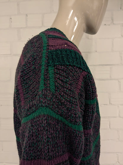 Maglione vintage Olly Gan con scollo a V. Colore verde viola nero. Taglia L.