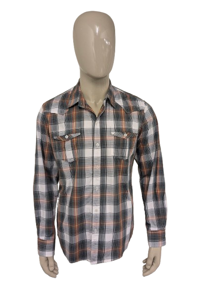 Vintage JeansWest western style overhemd. Bruin Geel Grijs Zwart geruit. Maat L.