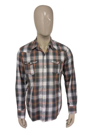 Vintage JeansWest western style overhemd. Bruin Geel Grijs Zwart geruit. Maat L.
