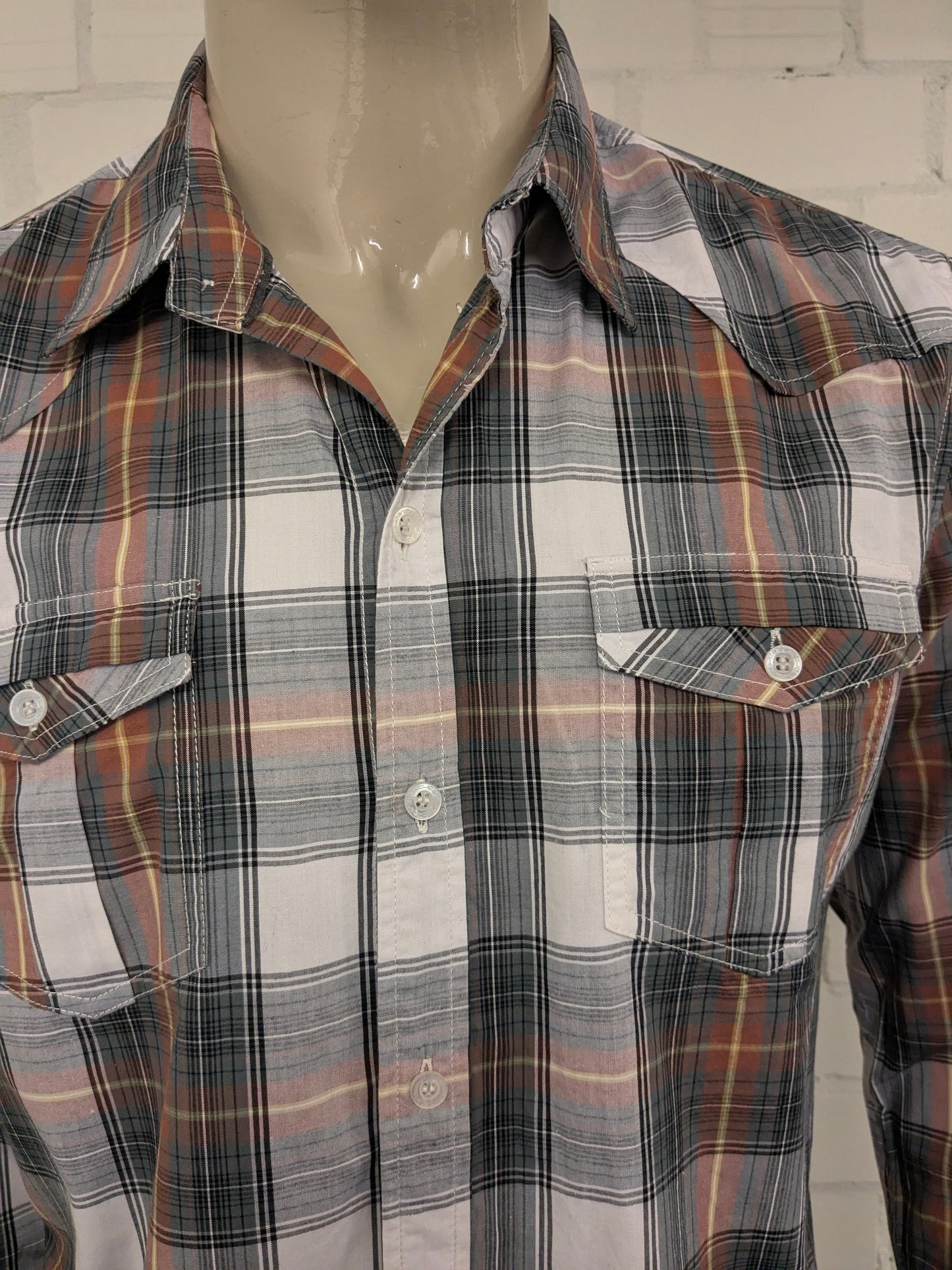 Vintage JeansWest western style overhemd. Bruin Geel Grijs Zwart geruit. Maat L.