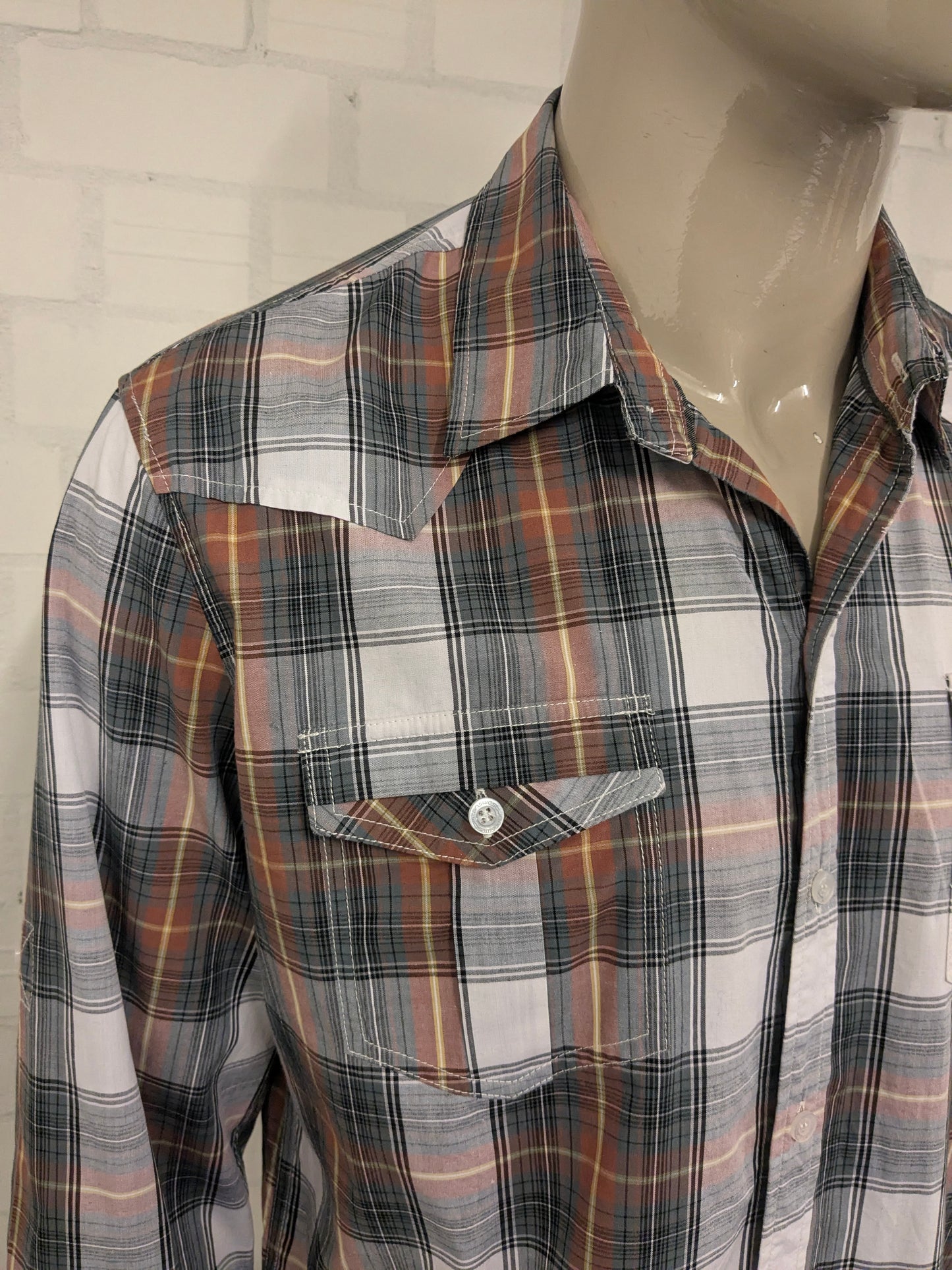 Vintage JeansWest western style overhemd. Bruin Geel Grijs Zwart geruit. Maat L.