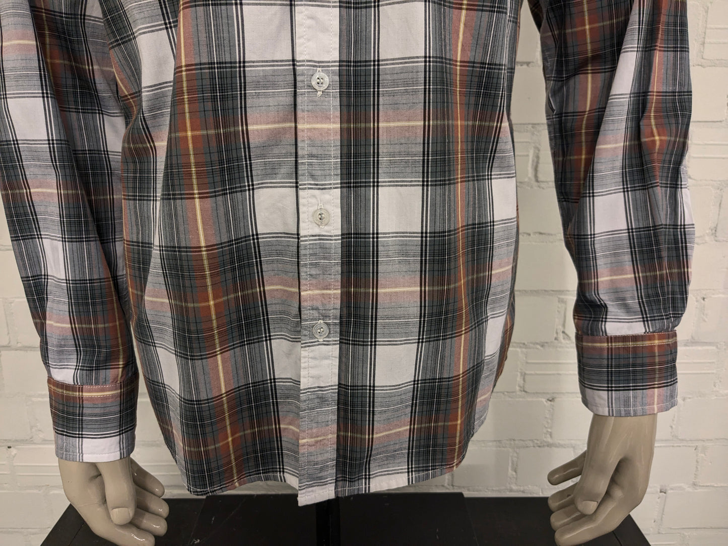 Vintage JeansWest western style overhemd. Bruin Geel Grijs Zwart geruit. Maat L.