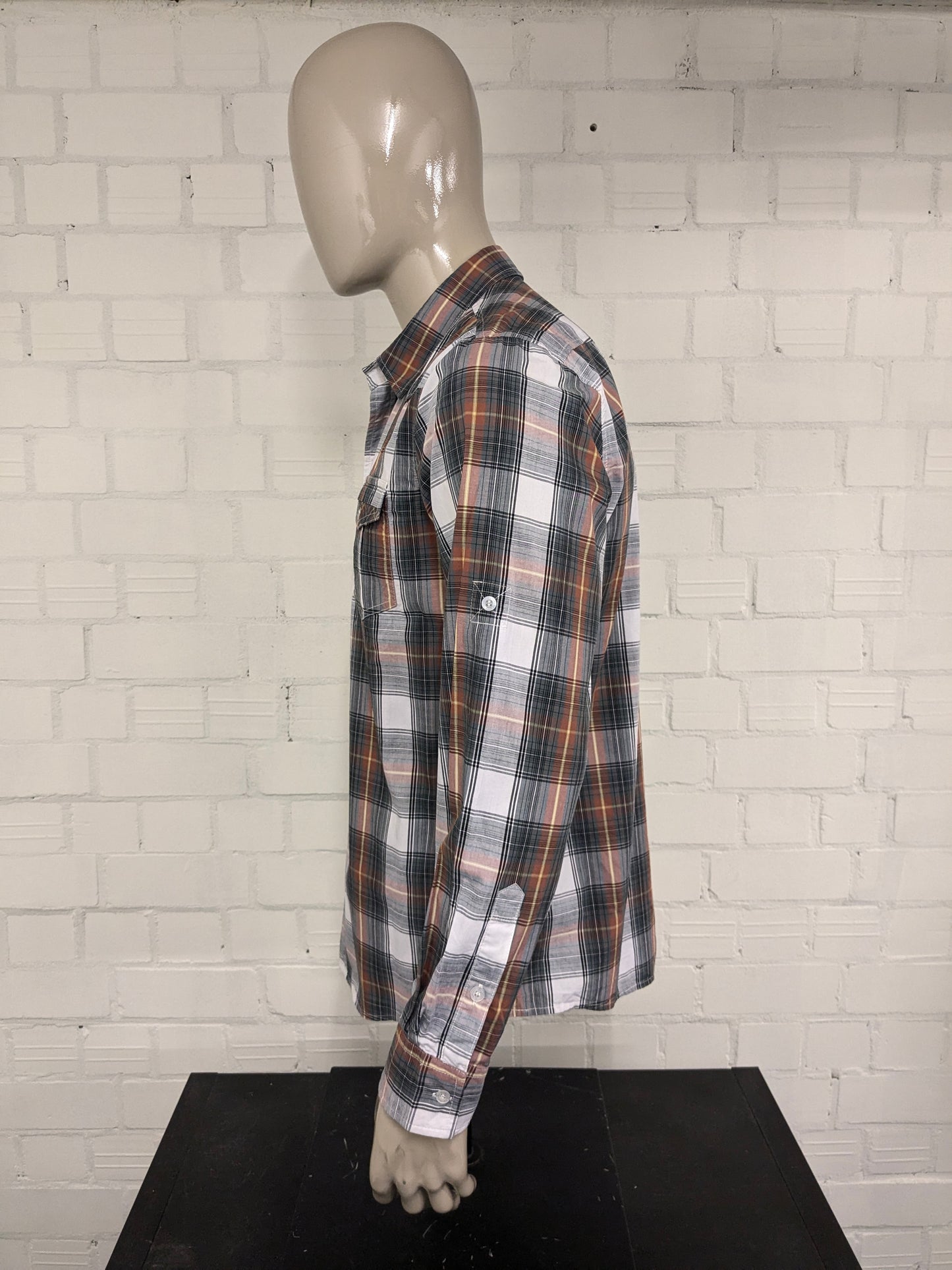 Vintage JeansWest western style overhemd. Bruin Geel Grijs Zwart geruit. Maat L.
