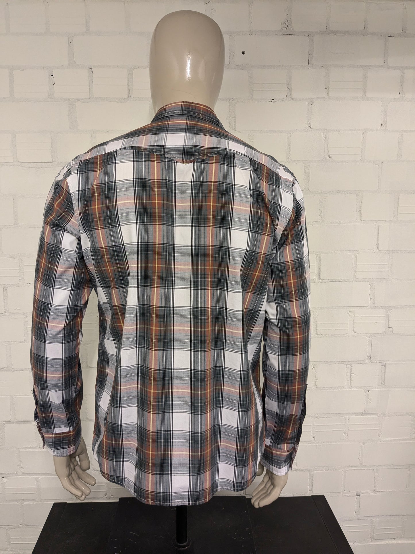 Vintage JeansWest western style overhemd. Bruin Geel Grijs Zwart geruit. Maat L.