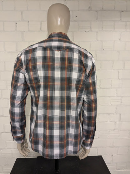 Vintage JeansWest western style overhemd. Bruin Geel Grijs Zwart geruit. Maat L.