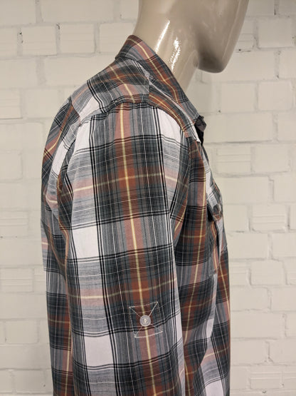 Vintage JeansWest western style overhemd. Bruin Geel Grijs Zwart geruit. Maat L.