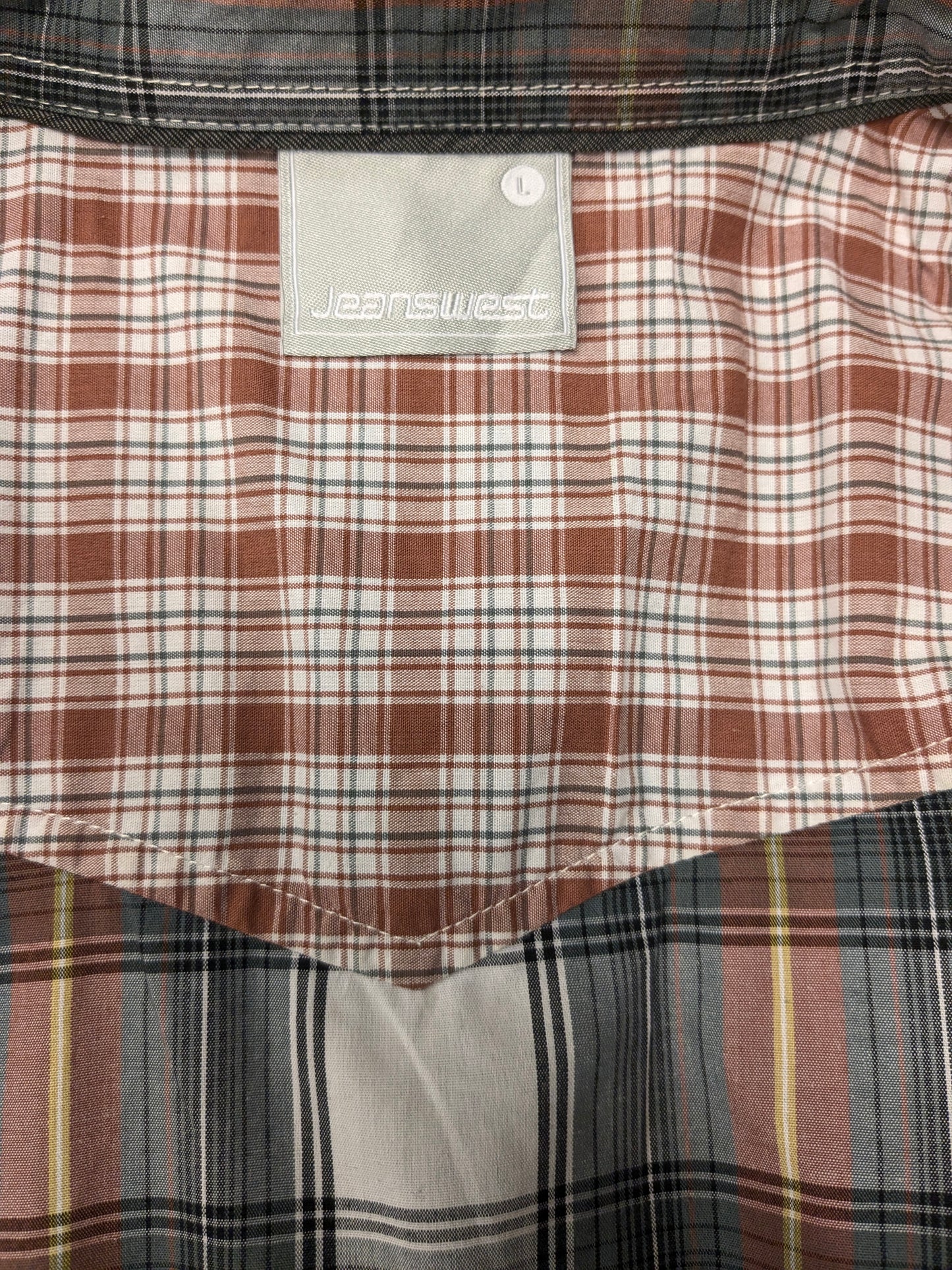 Vintage JeansWest western style overhemd. Bruin Geel Grijs Zwart geruit. Maat L.