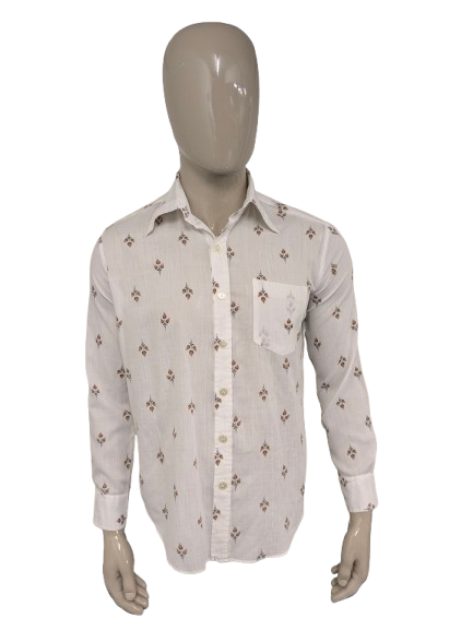Vintage 70's Ataka overhemd met puntkraag en grotere knopen. Beige Bruine bloemen print. Maat L.