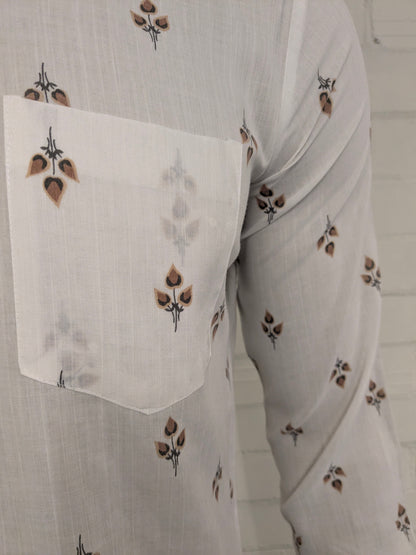 Vintage 70's Ataka overhemd met puntkraag en grotere knopen. Beige Bruine bloemen print. Maat L.