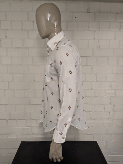 Vintage 70's Ataka overhemd met puntkraag en grotere knopen. Beige Bruine bloemen print. Maat L.
