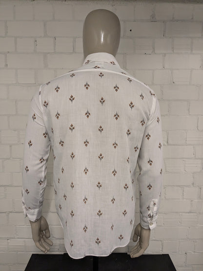 Vintage 70's Ataka overhemd met puntkraag en grotere knopen. Beige Bruine bloemen print. Maat L.