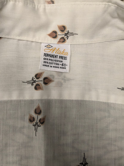 Vintage 70's Ataka overhemd met puntkraag en grotere knopen. Beige Bruine bloemen print. Maat L.