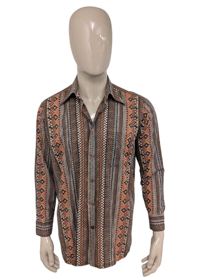 Vintage 70's Sport-style overhemd met puntkraag. Bruin Oranje Beige Zwarte print. Maat XL.