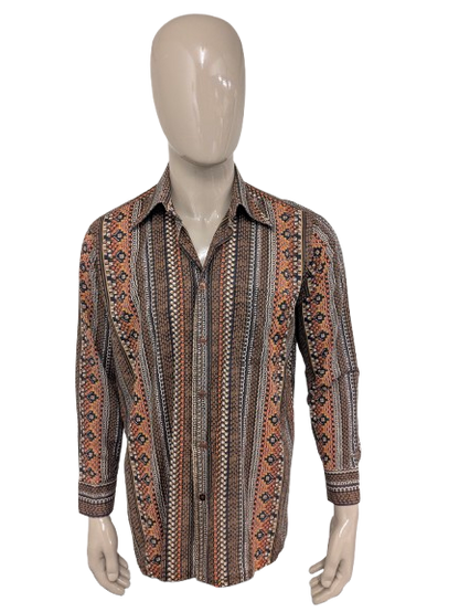 Vintage 70's Sport-style overhemd met puntkraag. Bruin Oranje Beige Zwarte print. Maat XL.