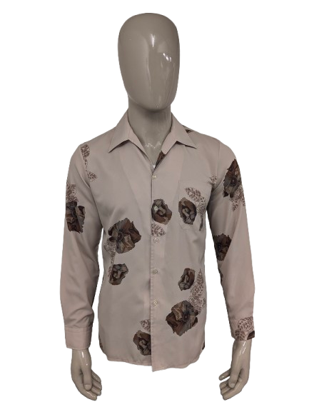 Vintage 70's VAG by Victor Grijnberg overhemd. Bruin met bloemen print. Maat M.