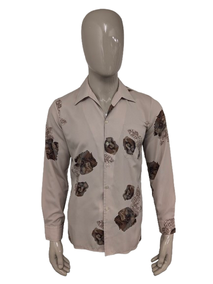 Vintage 70's VAG by Victor Grijnberg overhemd. Bruin met bloemen print. Maat M.