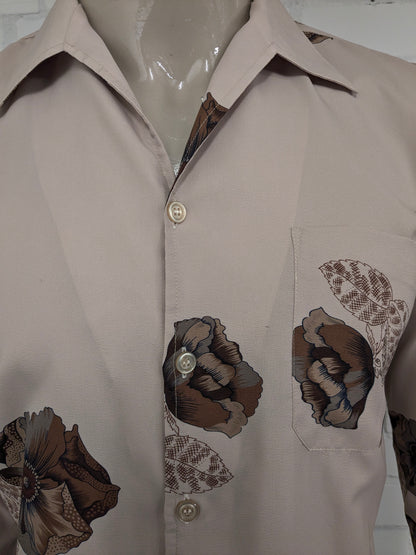 Vintage 70's VAG by Victor Grijnberg overhemd. Bruin met bloemen print. Maat M.