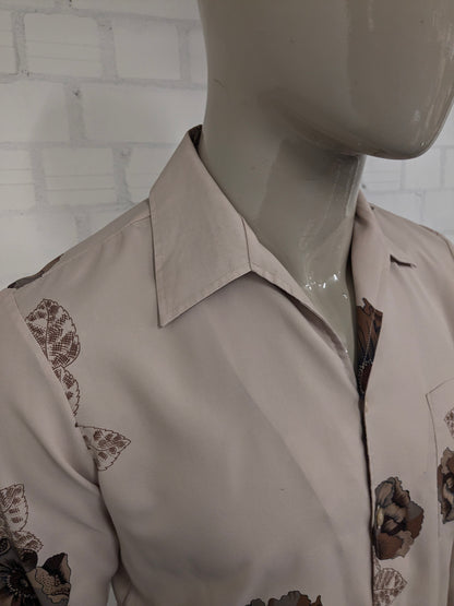 Vintage 70's VAG by Victor Grijnberg overhemd. Bruin met bloemen print. Maat M.