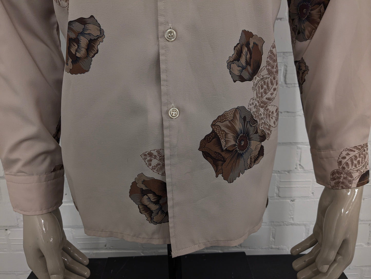 Vintage 70's VAG by Victor Grijnberg overhemd. Bruin met bloemen print. Maat M.