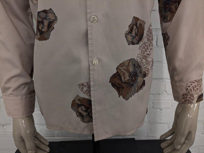 Vintage 70's VAG by Victor Grijnberg overhemd. Bruin met bloemen print. Maat M.