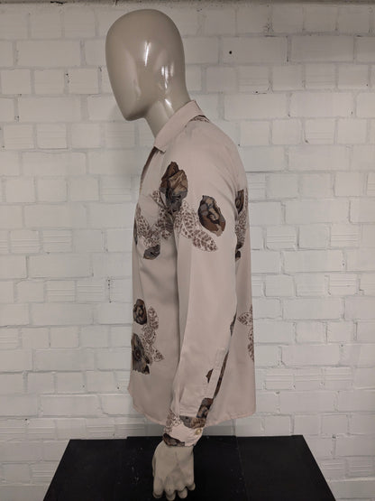 Vintage 70's VAG by Victor Grijnberg overhemd. Bruin met bloemen print. Maat M.