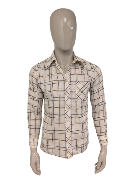 Vintage 70's For Men overhemd met puntkraag. Beige Bruin geruit. Maat L.