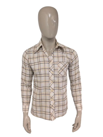 Vintage 70's For Men overhemd met puntkraag. Beige Bruin geruit. Maat L.