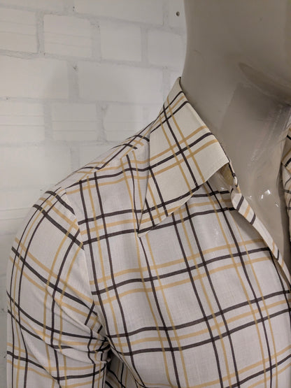Vintage 70's For Men overhemd met puntkraag. Beige Bruin geruit. Maat L.