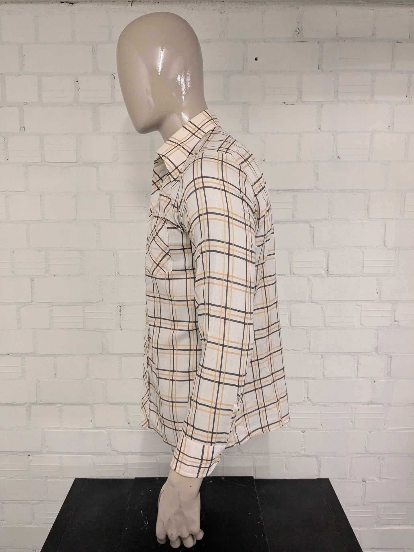 Vintage 70's For Men overhemd met puntkraag. Beige Bruin geruit. Maat L.