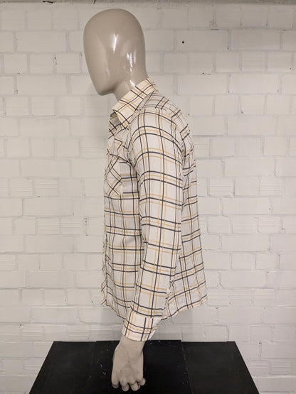 Vintage 70's For Men overhemd met puntkraag. Beige Bruin geruit. Maat L.