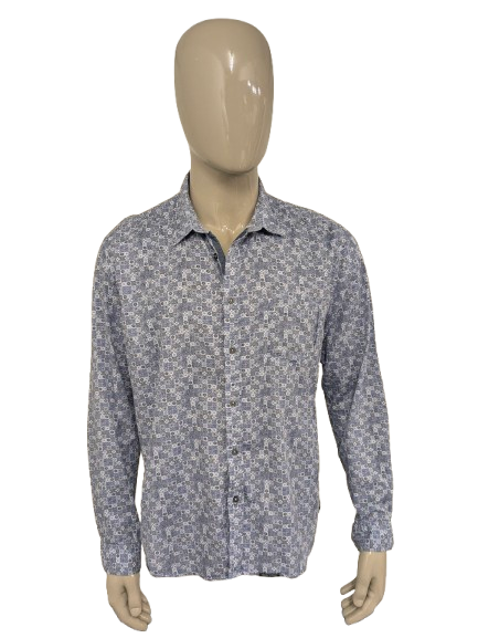 Marc o'Polo overhemd. Blauw Zwart Witte print. Maat 2XL / XXL. shaped fit.