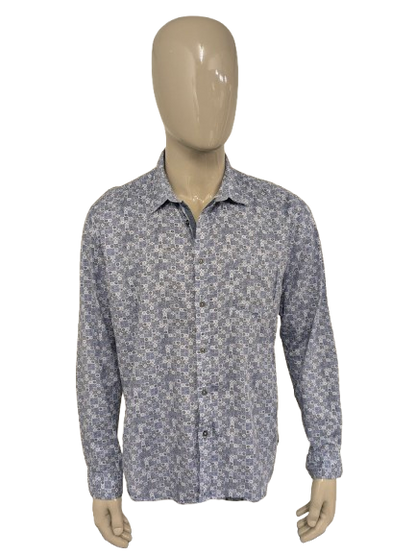 Marc o'Polo overhemd. Blauw Zwart Witte print. Maat 2XL / XXL. shaped fit.