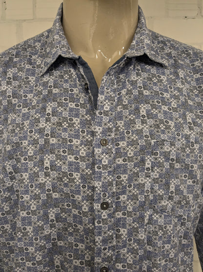 Marc o'Polo overhemd. Blauw Zwart Witte print. Maat 2XL / XXL. shaped fit.