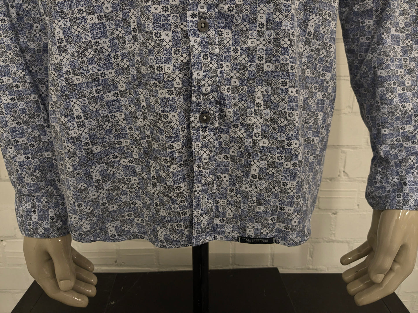 Marc o'Polo overhemd. Blauw Zwart Witte print. Maat 2XL / XXL. shaped fit.
