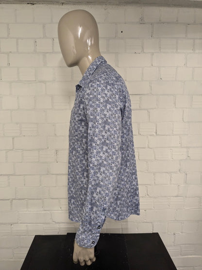 Marc o'Polo overhemd. Blauw Zwart Witte print. Maat 2XL / XXL. shaped fit.