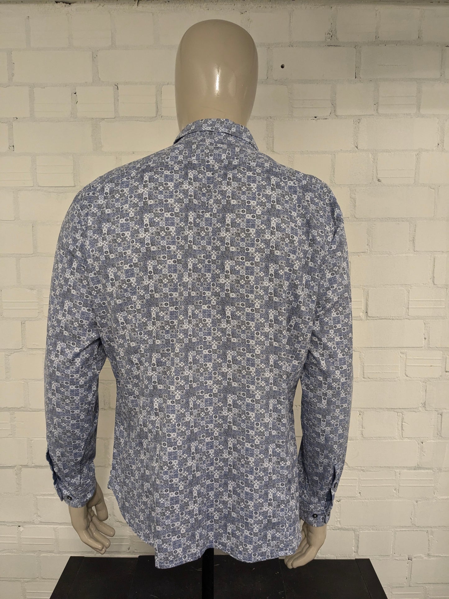 Marc o'Polo overhemd. Blauw Zwart Witte print. Maat 2XL / XXL. shaped fit.