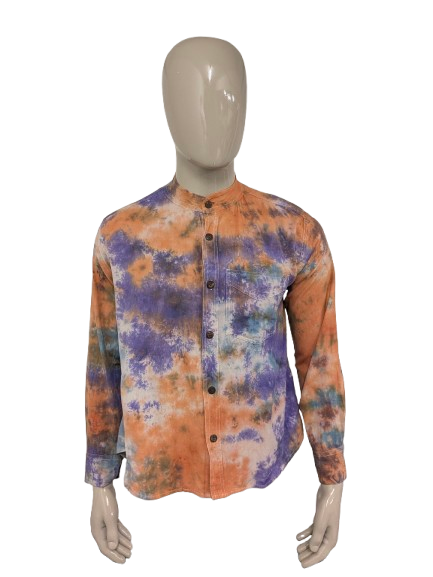 Madekind Tie Dye shirt with farmer short collar. Orange Purple Blue colored. Size L.
