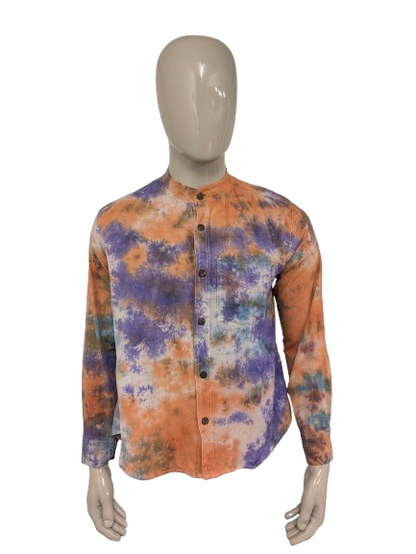 Madekind Tie Dye shirt with farmer short collar. Orange Purple Blue colored. Size L.