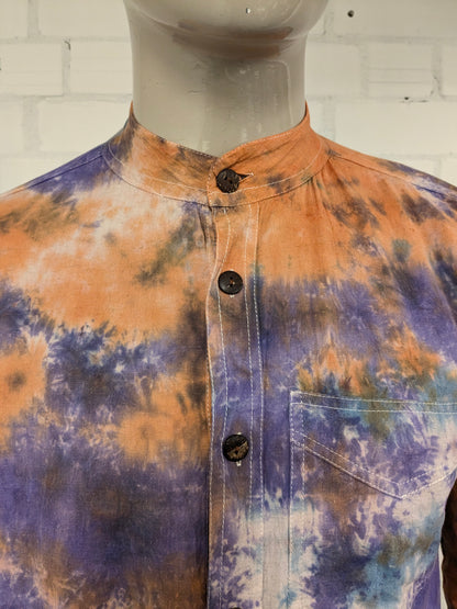 Madekind Tie Dye shirt with farmer short collar. Orange Purple Blue colored. Size L.