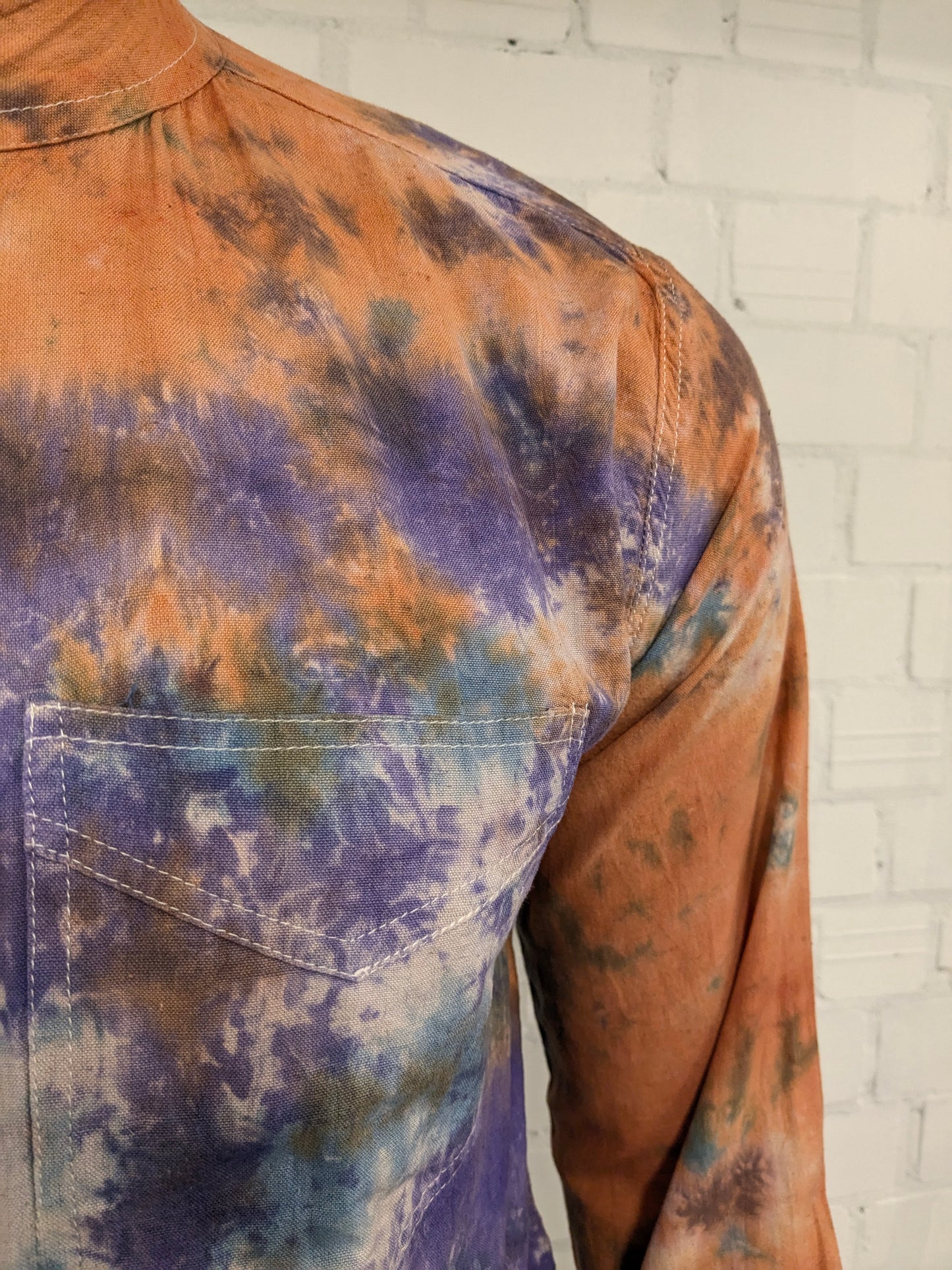 Madekind Tie Dye shirt with farmer short collar. Orange Purple Blue colored. Size L.