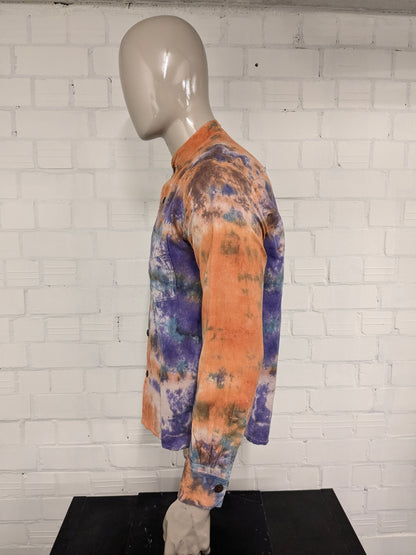 Madekind Tie Dye shirt with farmer short collar. Orange Purple Blue colored. Size L.