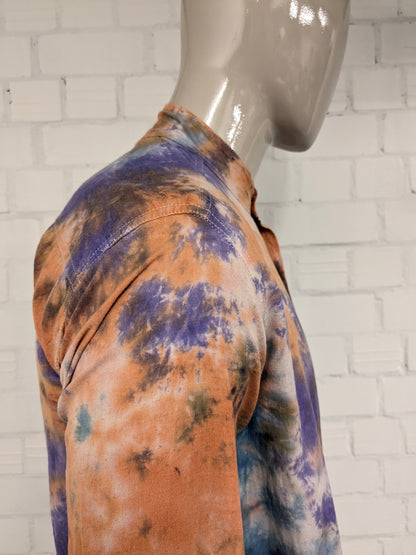 Madekind Tie Dye shirt with farmer short collar. Orange Purple Blue colored. Size L.