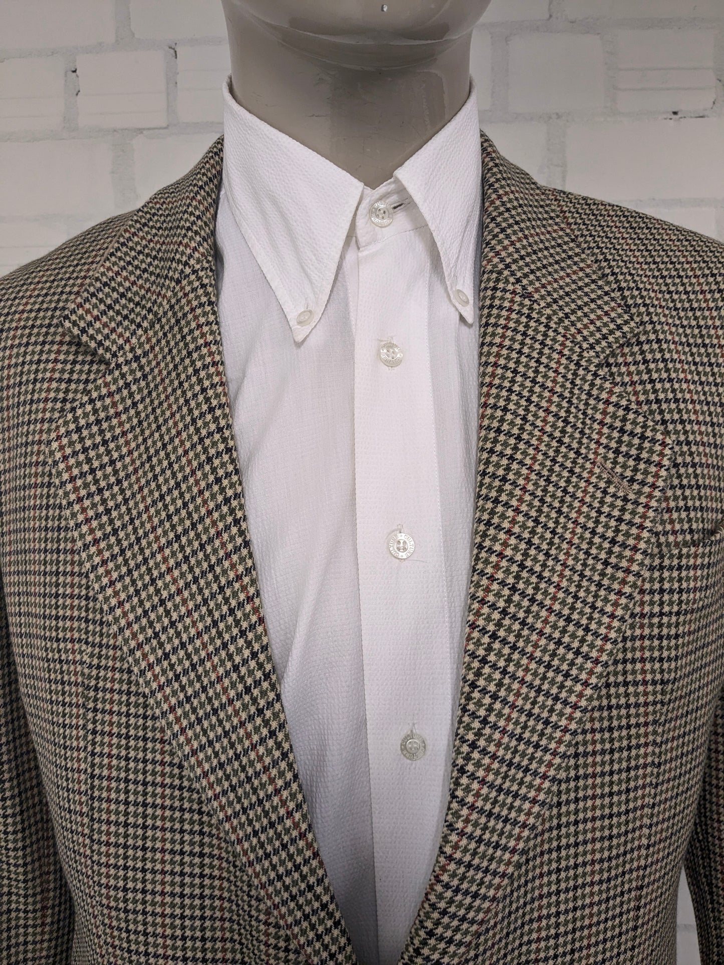 Giacca vintage in lana Well Dress. Motivo Verde Beige Nero Rosso. Taglia 27 (54/L).