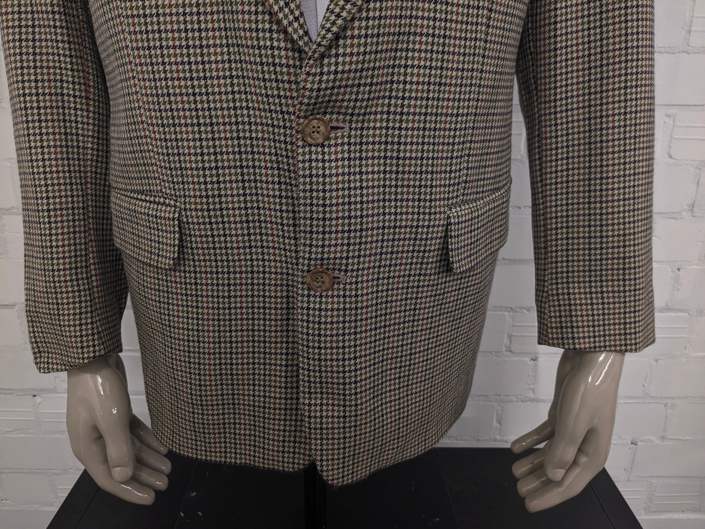 Giacca vintage in lana Well Dress. Motivo Verde Beige Nero Rosso. Taglia 27 (54/L).