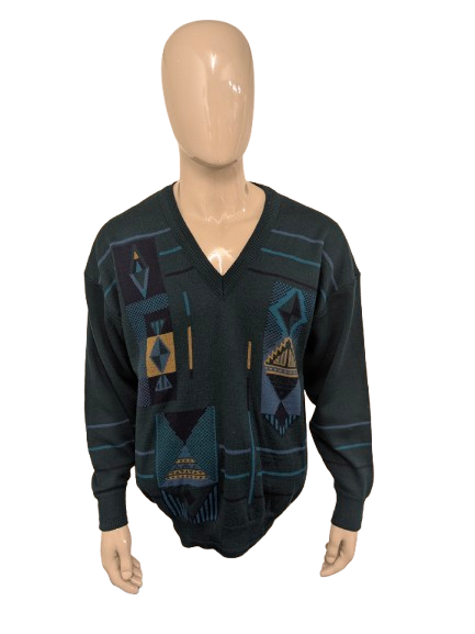 Vintage Pierre Sangan Wollpullover mit V-Ausschnitt – grün/blau/gelb – Größe L