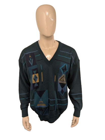 Vintage Pierre Sangan Wollen trui met V-Hals. Groen Blauw Geel gekleurd. Maat L. 50% Wol.