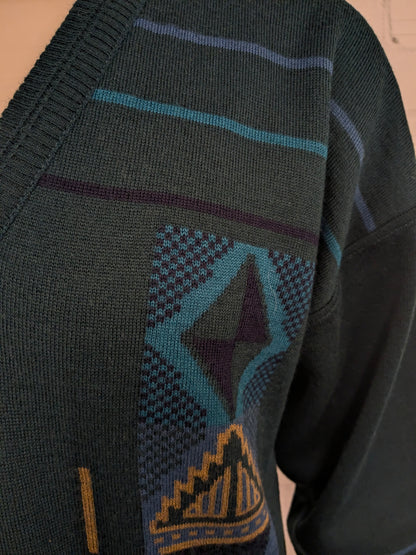 Vintage Pierre Sangan Wollen trui met V-Hals. Groen Blauw Geel gekleurd. Maat L. 50% Wol.