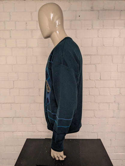 Vintage Pierre Sangan Wollen trui met V-Hals. Groen Blauw Geel gekleurd. Maat L. 50% Wol.