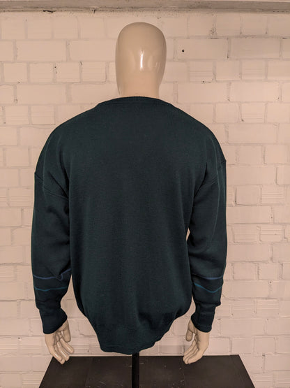 Vintage Pierre Sangan Wollen trui met V-Hals. Groen Blauw Geel gekleurd. Maat L. 50% Wol.