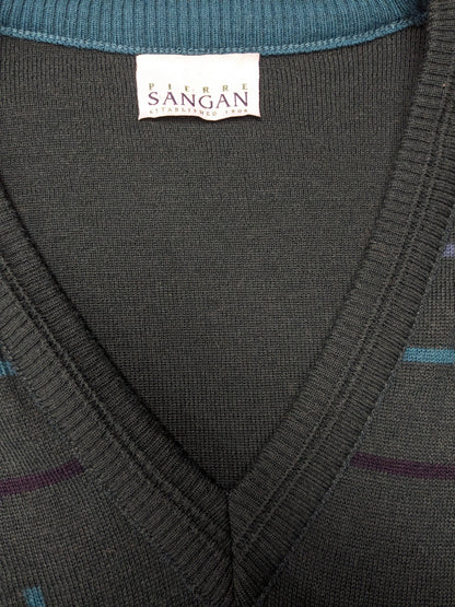Vintage Pierre Sangan Wollen trui met V-Hals. Groen Blauw Geel gekleurd. Maat L. 50% Wol.